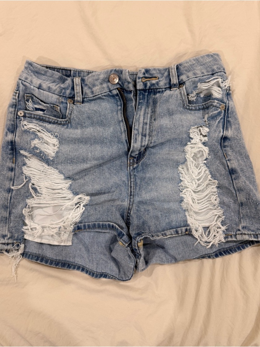 American Eagle Outfitters High Waisted Light Blue Distressed Denim Shorts